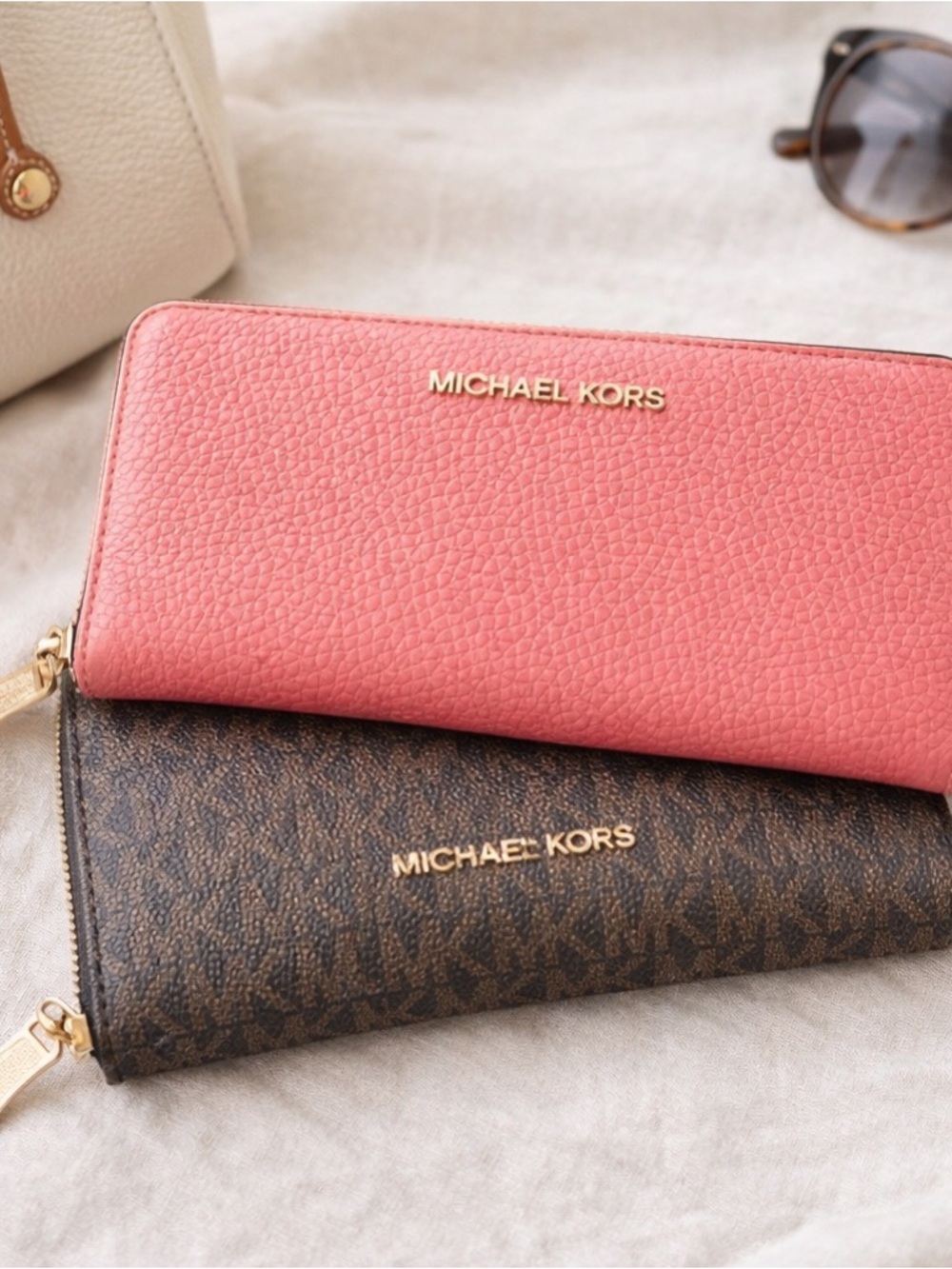 Michael Kors Pink Pebbled Leather & Brown Logo Zip-Around Wallets
